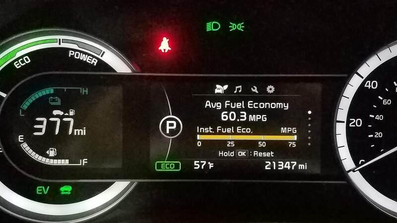 Photo of the dashboard of the Kia Niro that transported us all over the West and Midwest, with the fuel economy gauge showing 60.7 MPG.