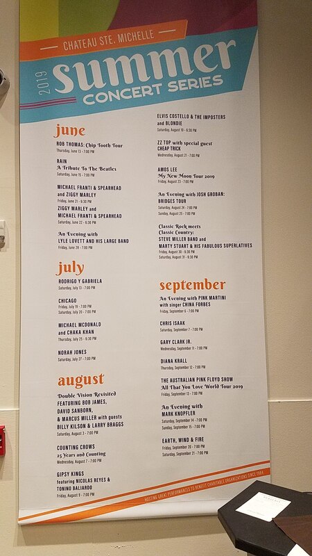 The Summer 2019 concert calendar for Chateau Ste. Michelle.