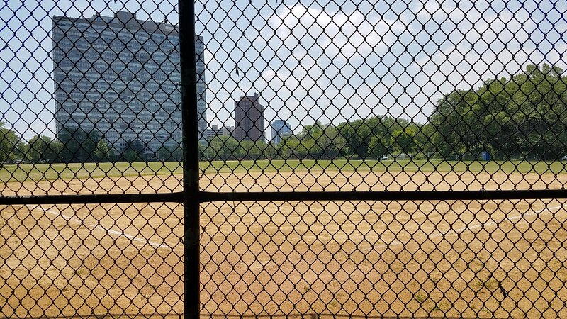 A softball field and some high-rise dwellings in South Chicago.