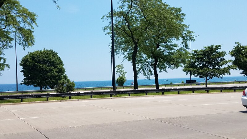 View of Lake Michigan across Lake Shore Drive (US Highway 41) from Kenwood Park, Chicago.