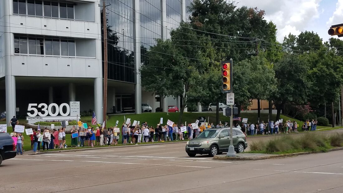 A portion of the crowd demonstrating near Sen. John Cornyn's office at 5300 Memorial Drive.