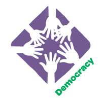 Green Party graphic of six hands joining on a purple diamond-shaped background, with the caption 