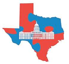 Shape of Texas as interlocking jigsaw puzzle pieces, with an image of the Austin capitol building
