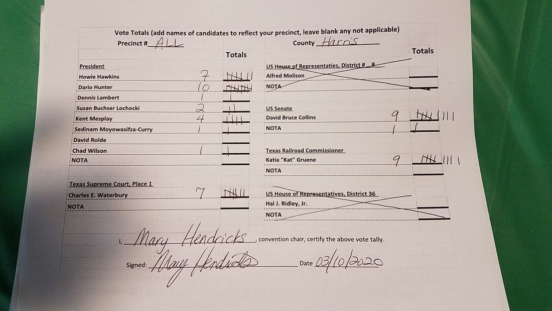 Tally sheet showing Dario Hunter with 10 approval votes, Howie Hawkins with 7, other candidates with 4 or fewer