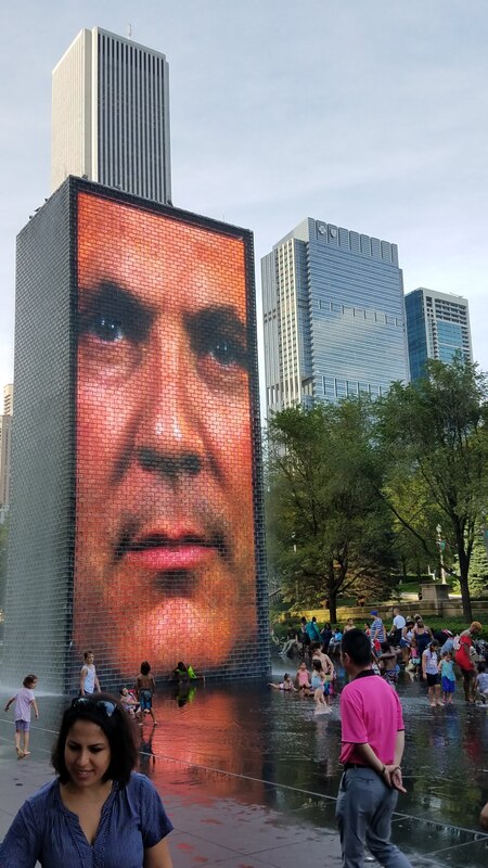 Another slow-motion human face image at the Millennium Park Splashpad, Chicago.