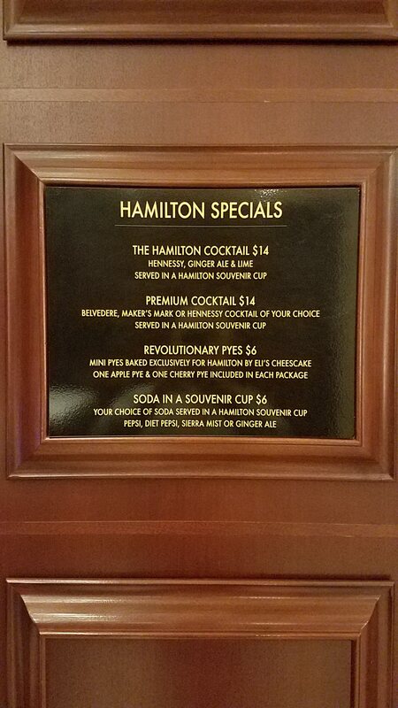 A short list of cocktails and "pyes" sold during the production of "Hamilton."