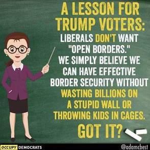 Occupy Democrats pic: bespectacled white teacherly figure with a bun points to chalkboard that says, 