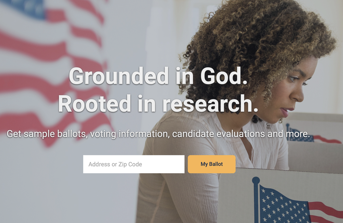 iVoterGuide home page: photo of a young African American woman in a polling place decked with US flags, with 